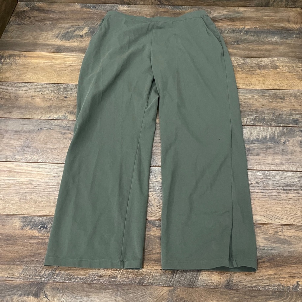 LL Bean Womens Petite Large Green Cotton Lycra Wide Leg Knit Pants Travel Lounge